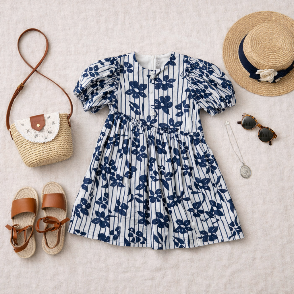 Il Gufo Blue Floral Cotton Dress — Size 4